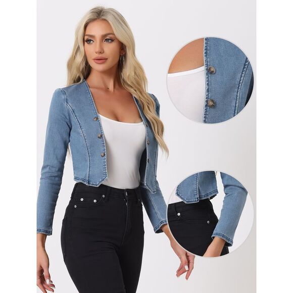 Denim Jacket Collarless Open Front Casual Crop Shrug Blue - Picture 2 of 6